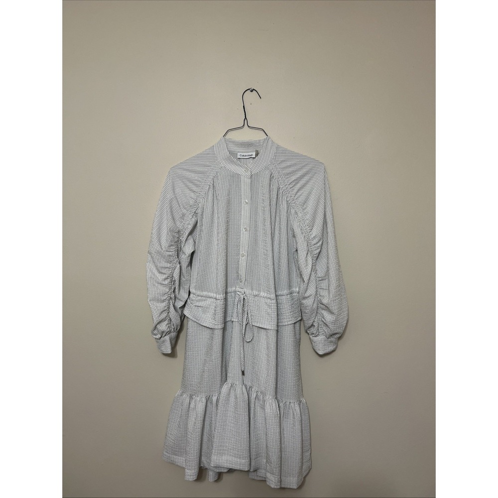 Calvin Klein Cottagecore Shirt Dress Womens S White Striped Tie Waist Pockets - Picture 6 of 10